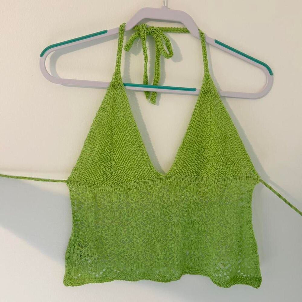 Women's crochet festival bright Green Crop-top with tie back and halter